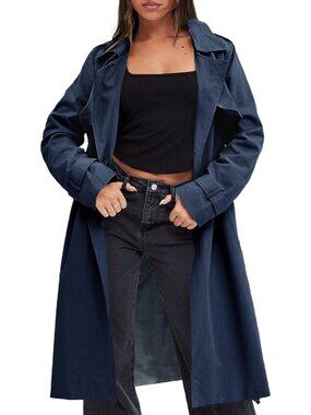 Women's Navy Notch Collar Long Sleeve Pocketed Double Breasted Trench Jackets